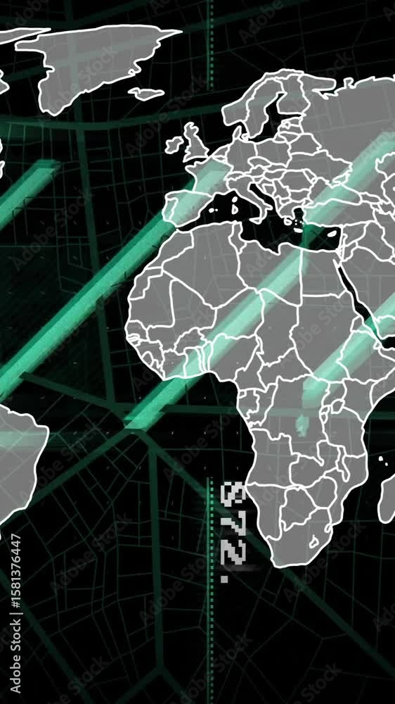 Poster animation of scientific data processing over world map on dark background