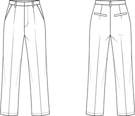 Front and back sketch of women’s pants with pleated straight-leg silhouette, belt loops, welt pockets, tailored details, fashion blueprint, garment design, clothing layout
