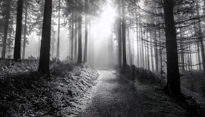enigmatic monochrome scene of misty forest path with sunlit clearing