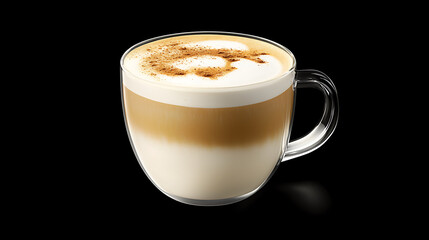Obraz premium Creamy caramel latte in clear glass cup, featuring layers of espresso, steamed milk, and sprinkle of cinnamon on top, evokes warmth and comfort