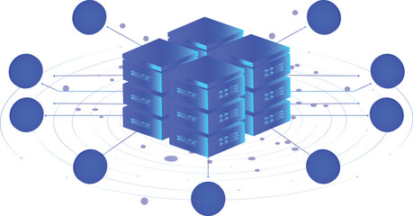 Isometric hosting servers. Concept of server hosting. Online computing technology. Digital technology template for adds icons or digital elements. Web hosting technology, data services center