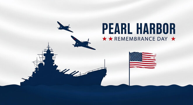 Pearl Harbor Remembrance Day illustration showing battleships and aircraft silhouettes, and the American flag - Powered by Adobe
