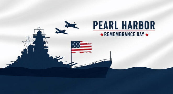 Pearl Harbor Remembrance Day vector design shows a battleship silhouette with planes and an American flag