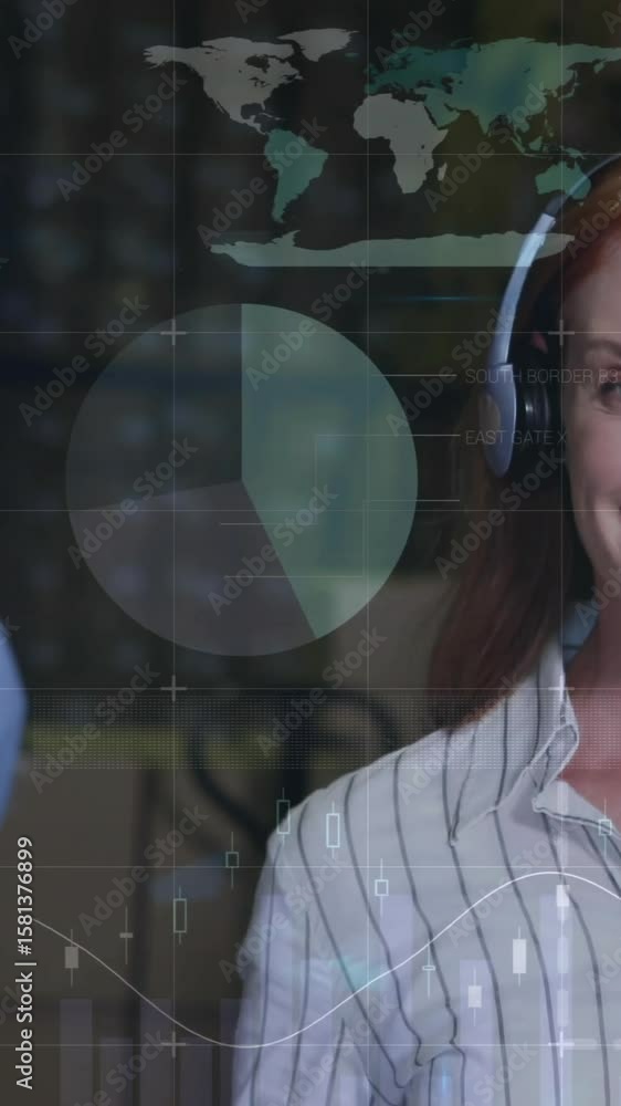 Poster animation of financial data processing and diverse workers in warehouse
