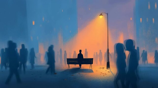 静かな夜に街灯の下で一人の人物が孤独に佇む姿