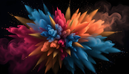 Abstract Colorful Explosion Vibrant Blue, Pink, Orange, and Gold Powder Cloud Burst on Black Background