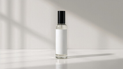 Glass Perfume Bottle with Black Cap and Blank Label on White Background