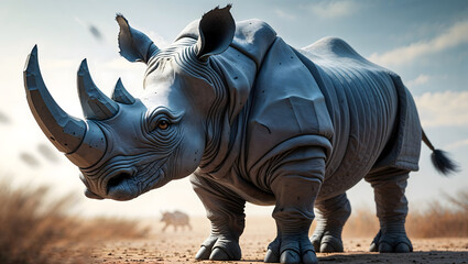 Fototapeta premium Close-up shot of a sturdy rhinoceros made entirely from folded textured grey paper with a rough, leathery feel
