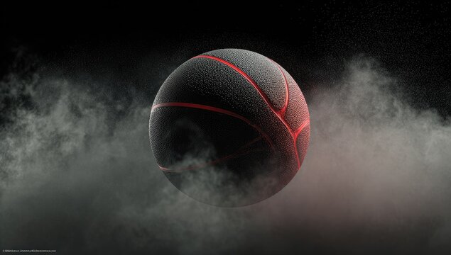 A dark gray basketball with glowing red lines, partially obscured by swirling gray smoke or dust against a black background - Powered by Adobe