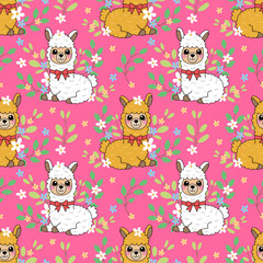 Colorful llama pattern on pink background