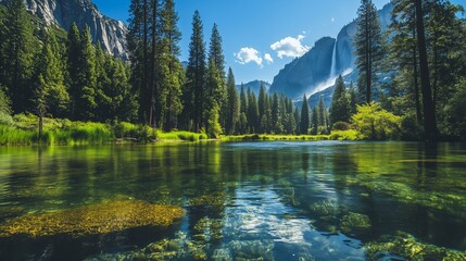 Clear Waterfall Pool Between Tall Trees and Mountains on a Sunny Day