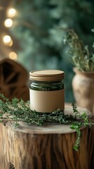 Eco-Friendly Herb Jar with Kraft Label on Wooden Table