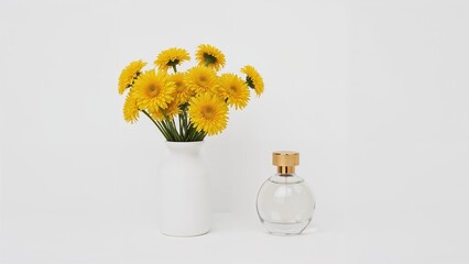 Fresh Sunflowers in White Vase with Clear Glass Bottle on White Background