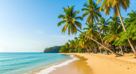 Obraz premium Serenity at Tropical Paradise: Coconut Trees Swing Over Clear Turquoise Waters and Soft Golden Sand