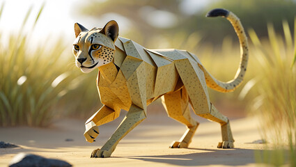 Close-up shot of a swift cheetah made entirely from folded sandy yellow paper with a subtle spotted texture.