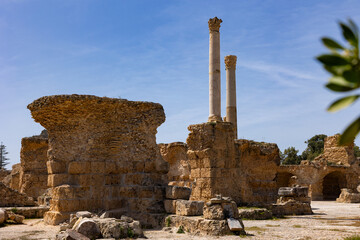 Scenic view of ruins of Roman Baths of Antoninus at Tunisian archaeological site of Carthage,...