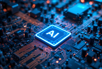 Artificial Intelligence Technology Chip Surrounded by Digital Data in Blue

