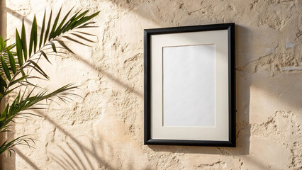 Blank Black Picture Frame Mockup on a Sunlit Textured Wall