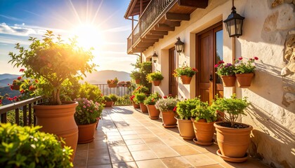 Fototapeta premium Sunny Balcony with Flower Pots