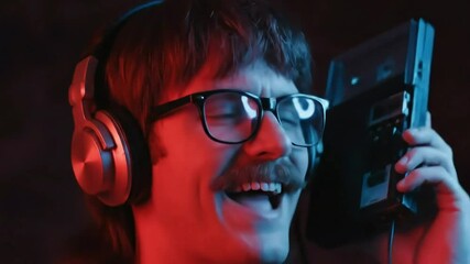 Man Laughing Vintage Music Headphones 80s Retro Synthwave - Powered by Adobe