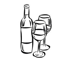 Whimsical chalk doodles of wine glass and bottle. Quirky icons of breakfast and dinner meals in crayon style. Crayon drawing for menus and invitations. La dolce vita italian vector illustration