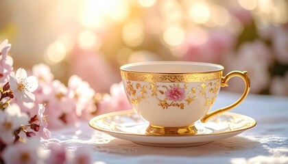Fototapeta premium Elegant teacup with floral design amidst blossoms in soft sunlight