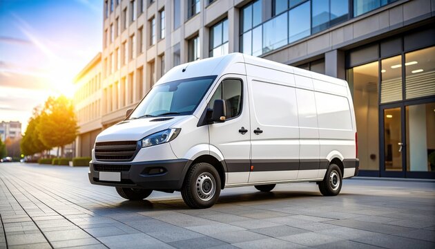 Delivery van parked near a building at sunset for transport operations