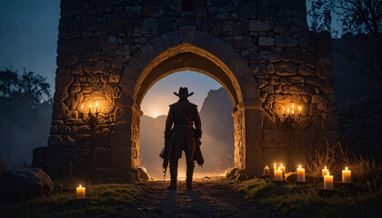 Lone cowboy stands at stone archway entrance against sunset backdrop