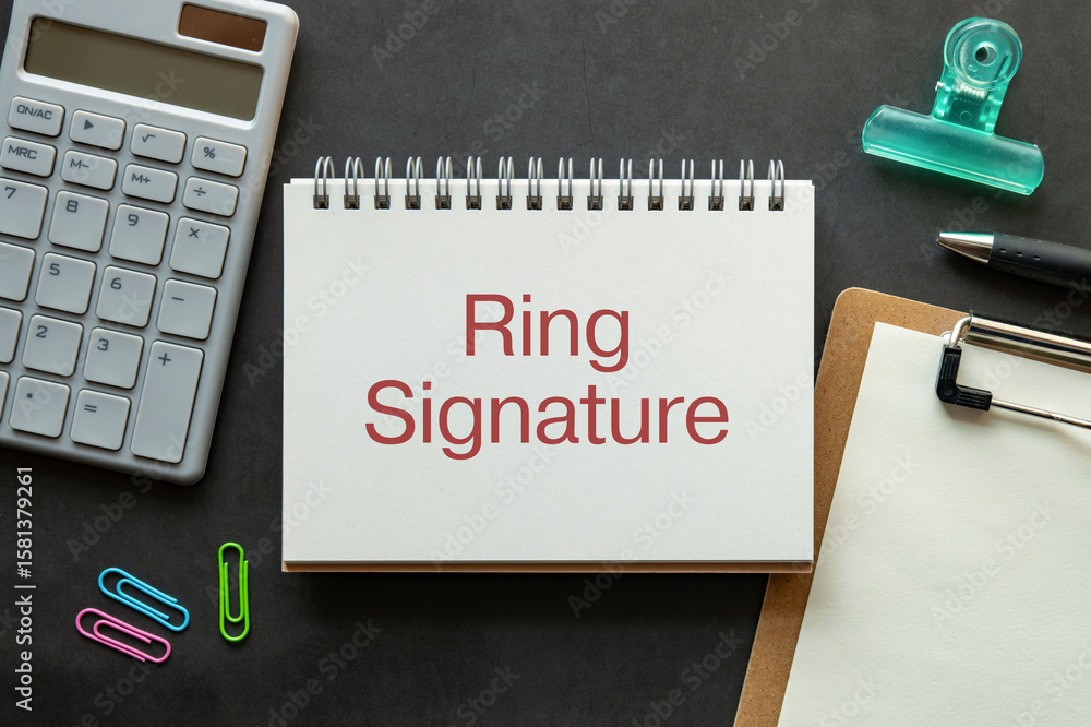 Poster there is notebook with the word ring signature. it is as an eye-catching image.