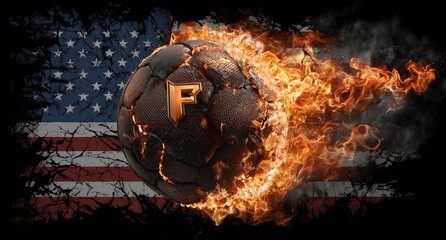 Fiery, cracked soccer ball with a metallic "F" engulfed in flames, set against a distressed American flag backdrop