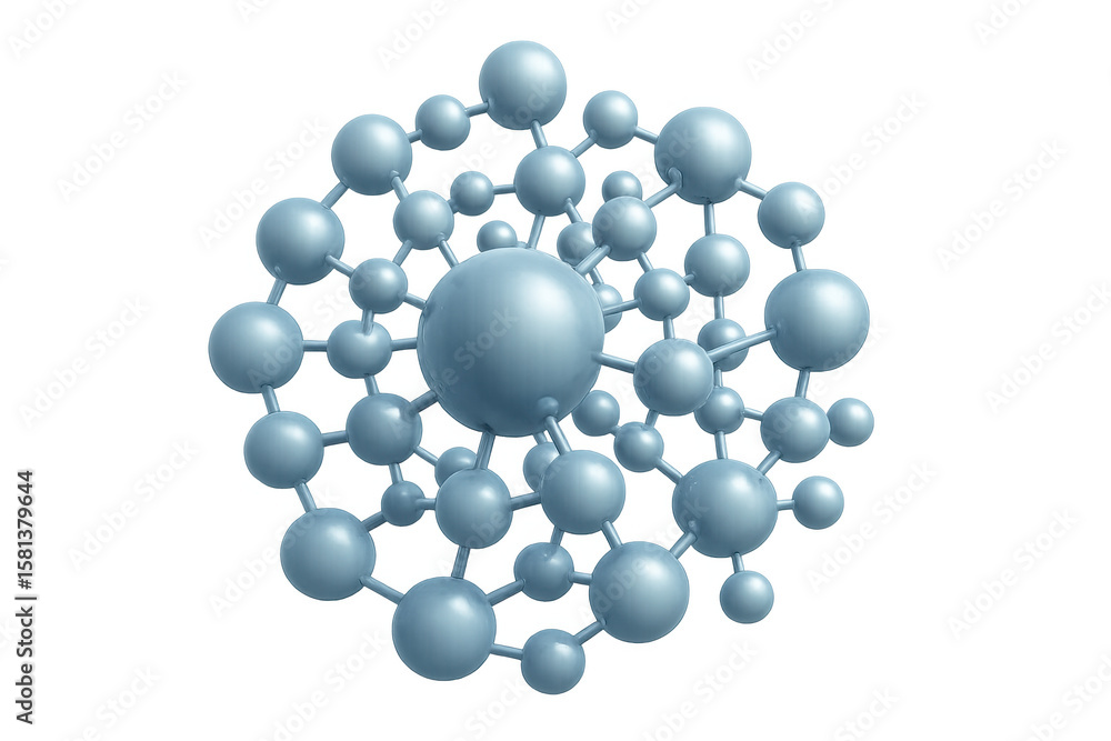 Poster molecular network displaying interconnected blue spheres, representing scientific complexity and tec