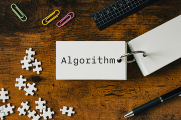 There is word card with the word Algorithm. It is as an eye-catching image.