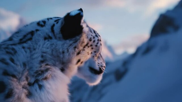 Snow leopard portrait against blurred snowy mountain backdrop.