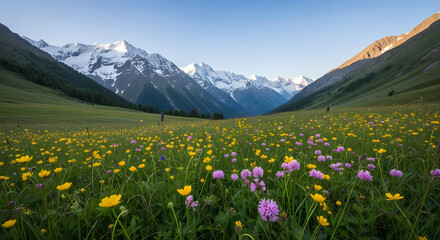 Fototapeta premium Serene Alpine Meadow with Snow-Capped Peaks and Wildflowers Under a Blue Sky, a Peaceful Mountain Landscape