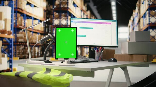 Empty storage room depot shows screen with copy space mockup, fulfillment center shipping cargo packages for online shopping e-commerce business. Large business stock room.