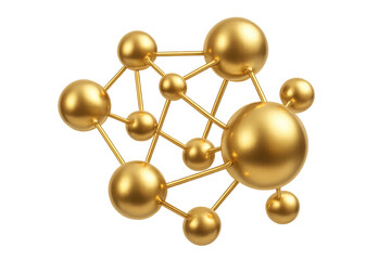 Golden spheres connected by lines forming a network, symbolizing interconnectedness, data flow, or molecular structure, on a transparent background