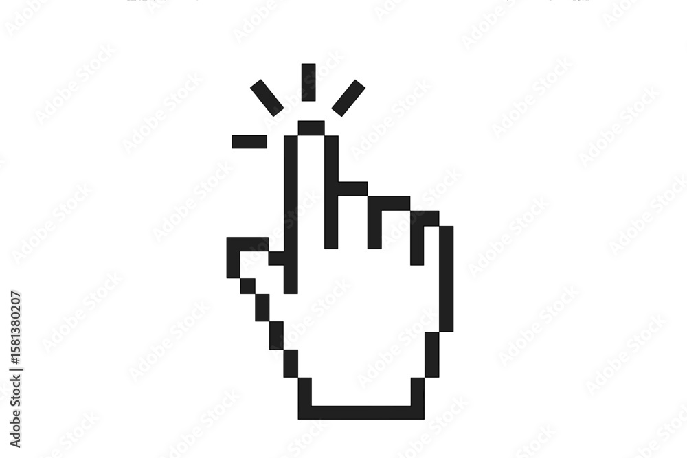 Poster pixel art hand cursor icon. computer mouse pointer symbol for clicking a link or button. vector illu