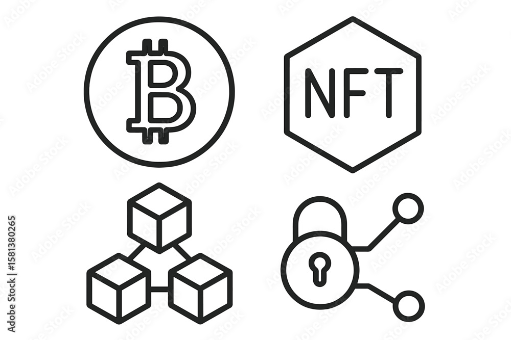 Poster cryptocurrency and blockchain line icons set. bitcoin, nft, blockchain network, cybersecurity lock. 