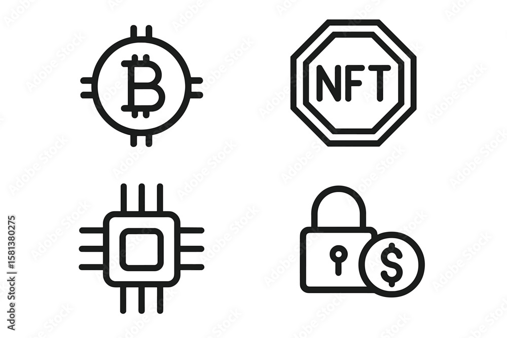 Poster cryptocurrency and blockchain line icons set. bitcoin, nft, digital security, microchip. crypto tech