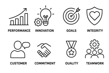 Core Values Line Icons Set. Performance, Innovation, Goals, Integrity, Customer, Commitment, Quality, Teamwork. Business Principles, Leadership, Company Culture, Success, Motivation