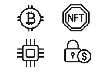 Cryptocurrency and Blockchain Line Icons Set. Bitcoin, NFT, Digital Security, Microchip. Crypto Technology Symbols for Web, App, Fintech, Digital Currency, Blockchain Network, Secure Payment
