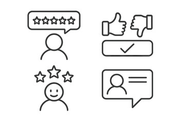 Customer satisfaction feedback icons set. Line style web symbols for rating, review, client experience. Thumbs up, thumbs down, stars, testimonial, approval, user comment