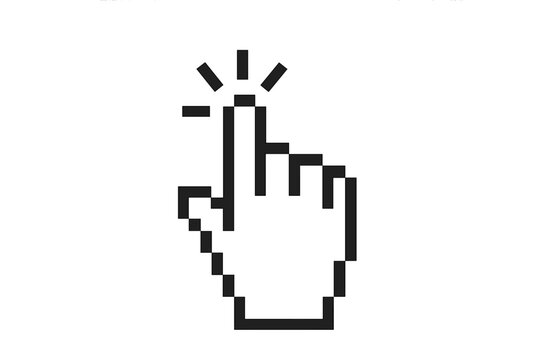 Pixel art hand cursor icon. Computer mouse pointer symbol for clicking a link or button. Vector illustration of a finger press gesture for web UI. Digital 8-bit select.