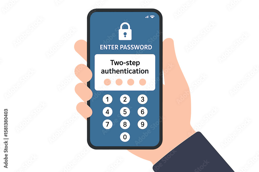 Poster two-step mobile authentication screen. hand holding smartphone with lock icon and pin keypad for sec