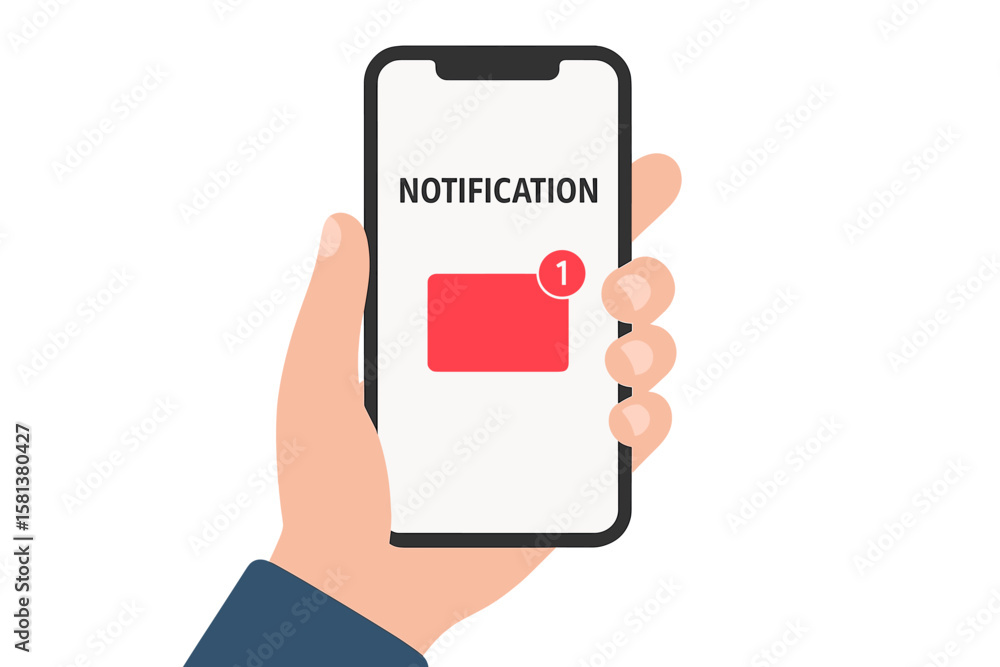 Aufkleber hand holding smartphone with new email notification alert. unread message icon on mobile screen. not