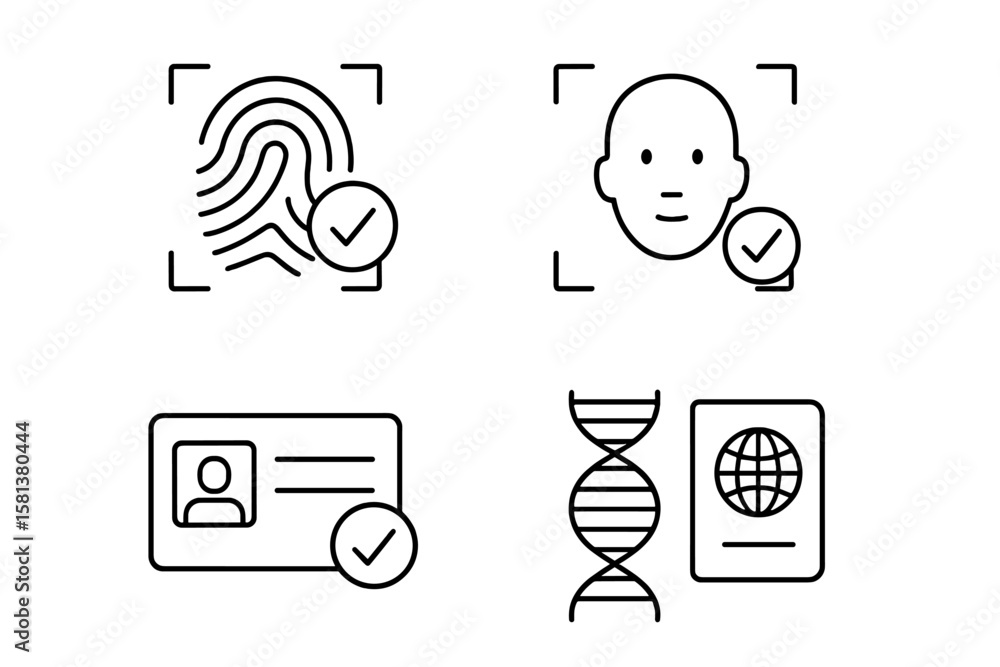 Poster identity verification icon set in line style for web and mobile apps featuring fingerprint scan, fac