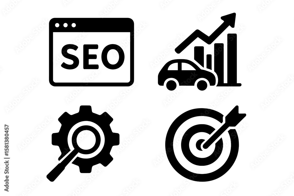 Poster seo optimization and analytics concept icons set. search engine optimization, growth chart, target m