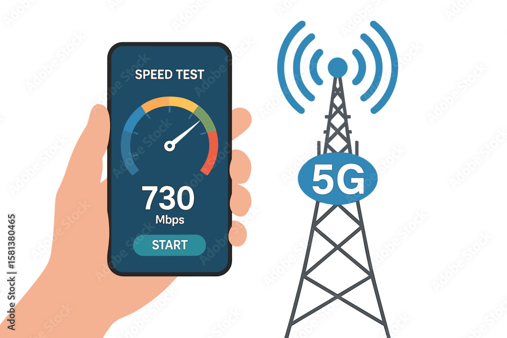 Poster 5g wireless network speed test concept. hand holding smartphone showing high internet speed near com