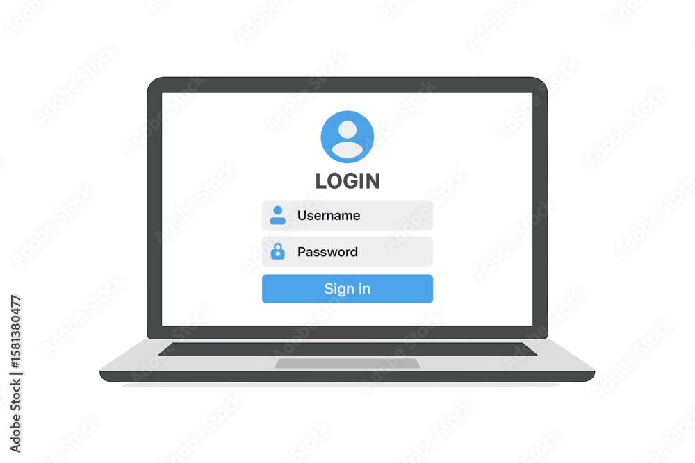 Poster laptop with login and password form on screen. user authentication, registration, sign in page, user