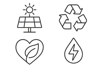 Obraz premium Green energy web icons set in line style, eco-friendly solar panel, recycling, sustainable power, nature conservation, bio energy, water power, and clean electricity symbols for mobile and web apps